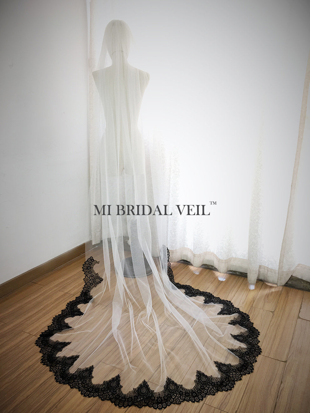 Black Lace Wedding Veil Cathedral, Lace on Bottom, Mi Bridal