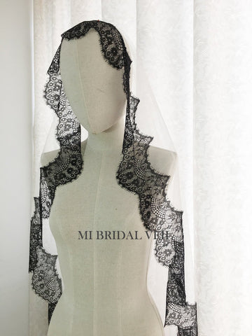 Black Mantilla Lace Wedding Veil, Bridal Veil with Blusher, Mi Bridal