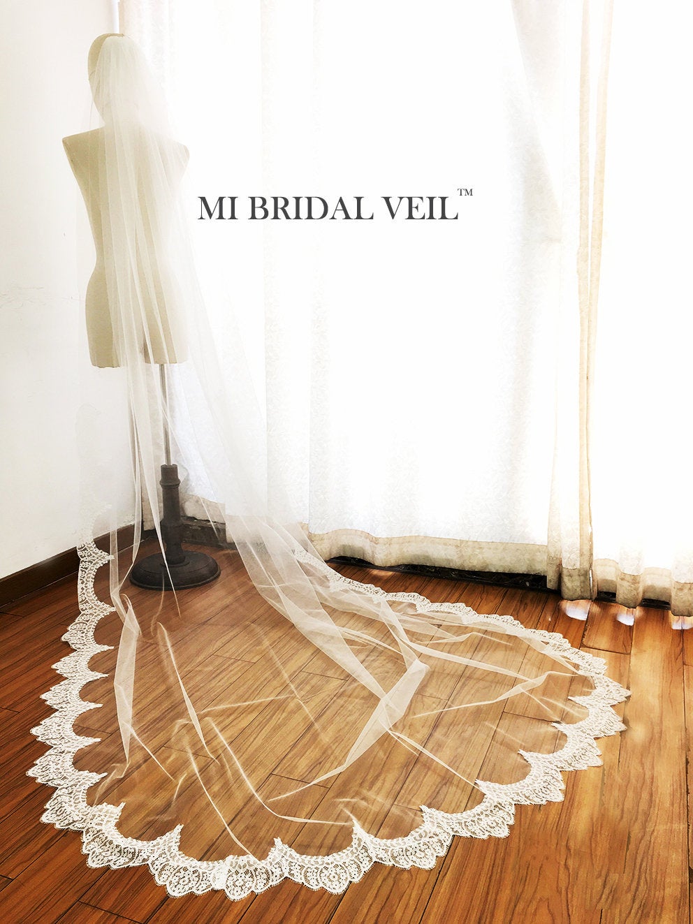 Cathedral Wedding Veil, Eyelash Chantilly Lace Bridal Lace Veil, Lace at Fingertip, Mi Bridal