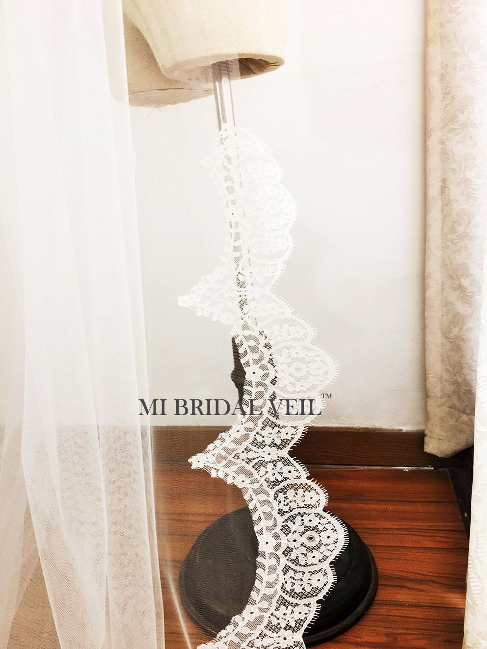 Boho Chapel Wedding Veil, Eyelash Chantilly Lace from Midway, Mi Bridal
