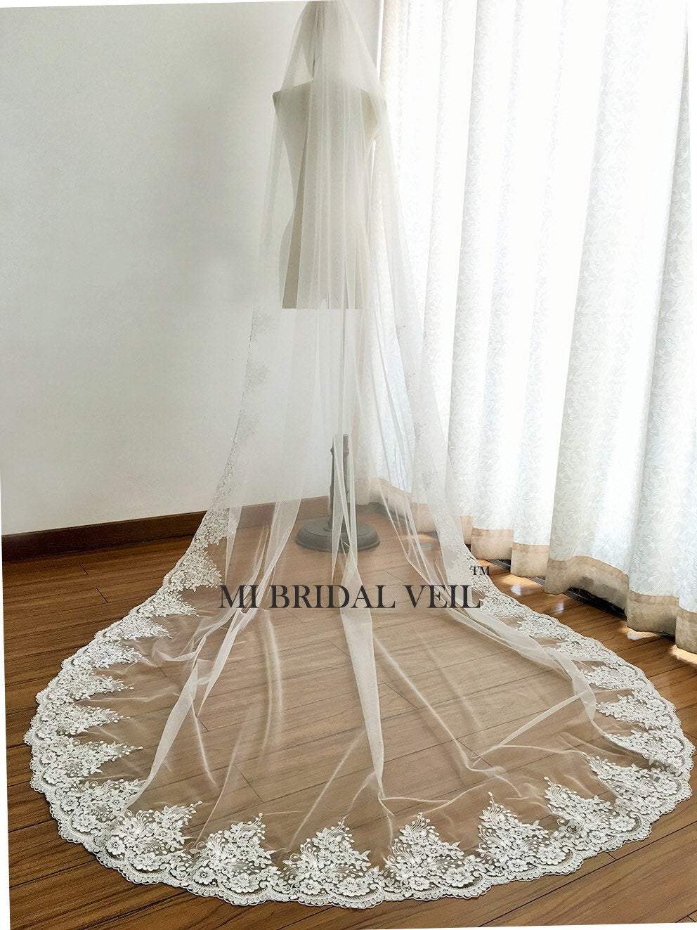 Cathedral Lace Wedding Veil, Vintage Inspired Rose Lace at Hip, Mi Bridal