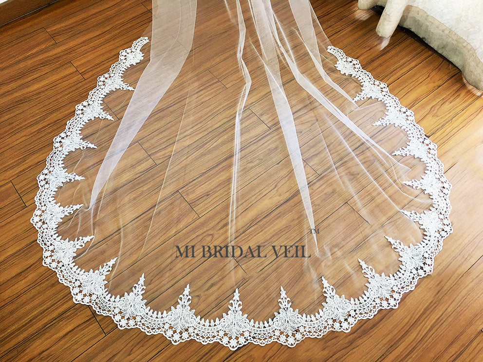 Cathedral Wedding Veil with Blusher, Venice Lace on Veil Bottom, Mi Bridal