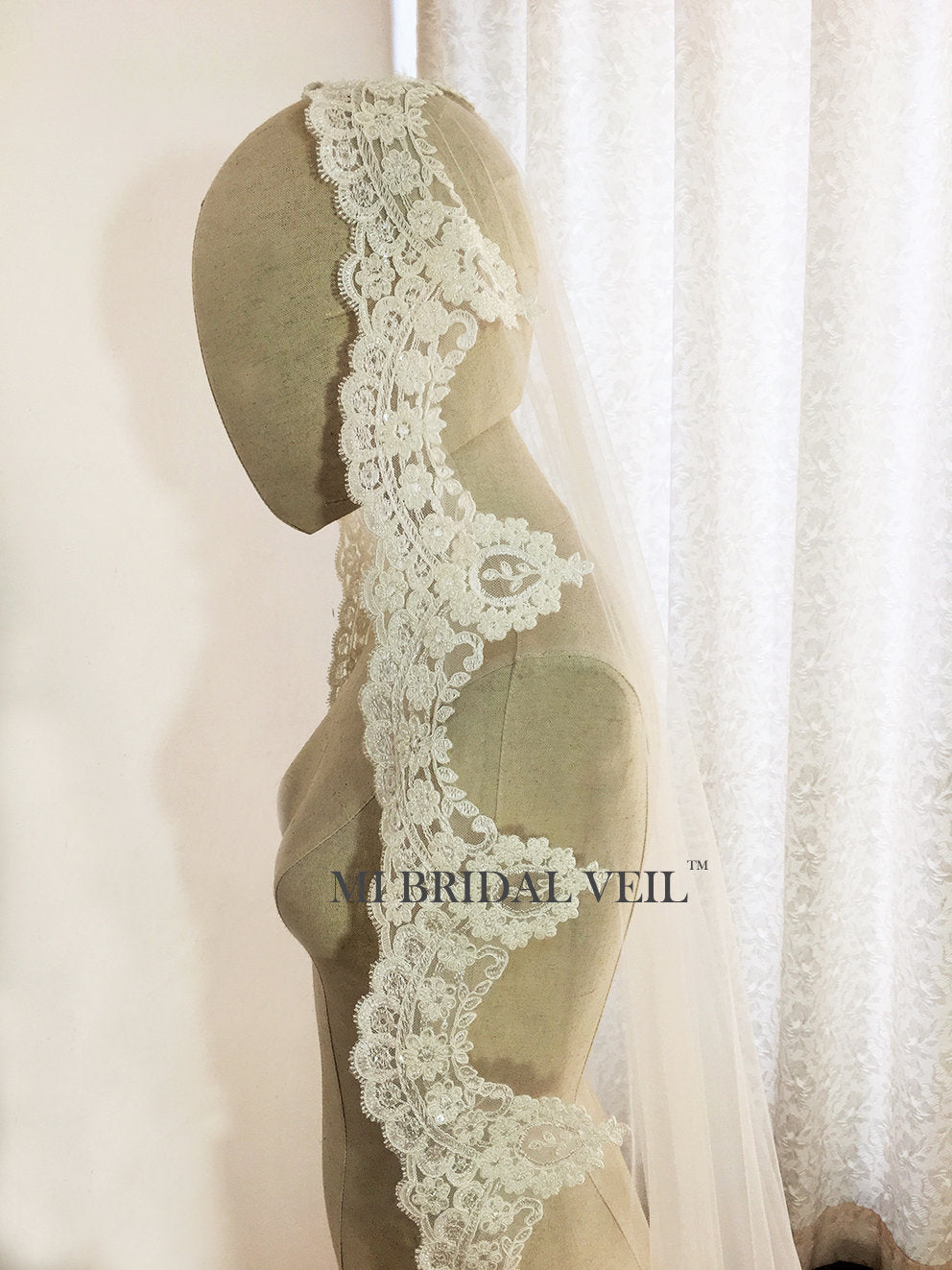 Mantilla Cathedral Wedding Veil, Beaded Edwardian Vintage Inspired Lace Bridal Veil, Mi Bridal