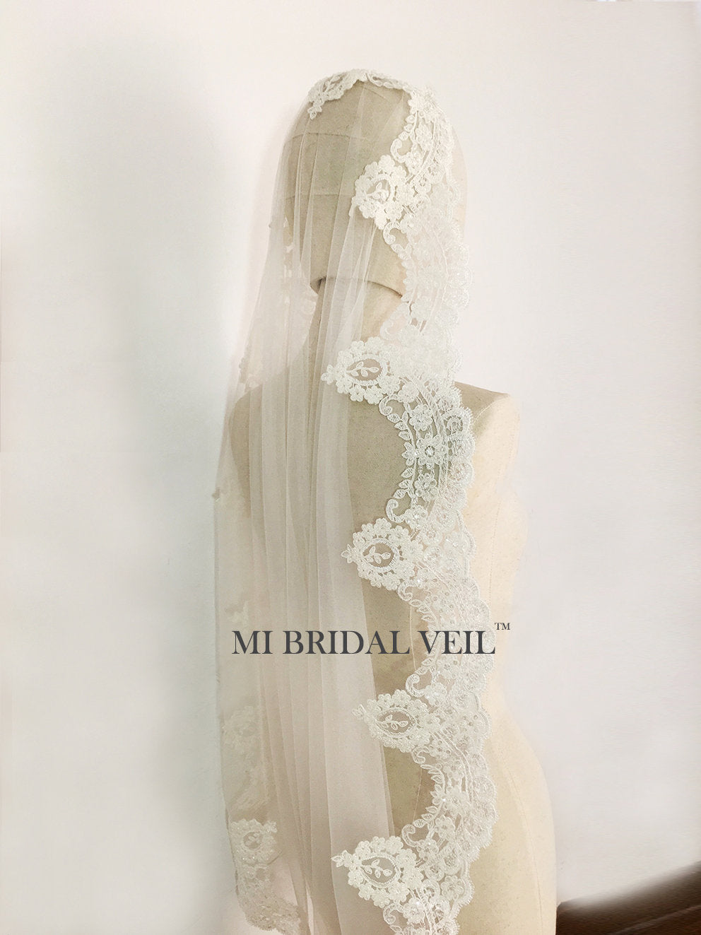 Mantilla Cathedral Wedding Veil, Beaded Edwardian Vintage Inspired Lace Bridal Veil, Mi Bridal