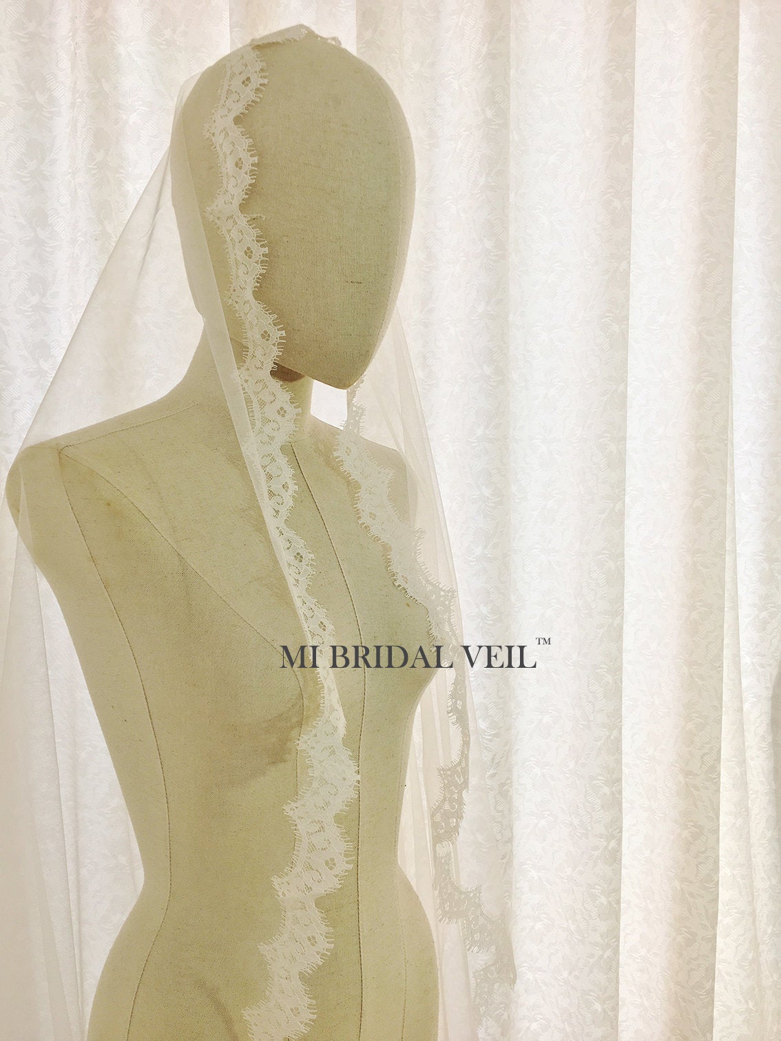 Cathedral Lace Wedding Veil with Blusher, Mantilla Lace Veil, Mi Bridal