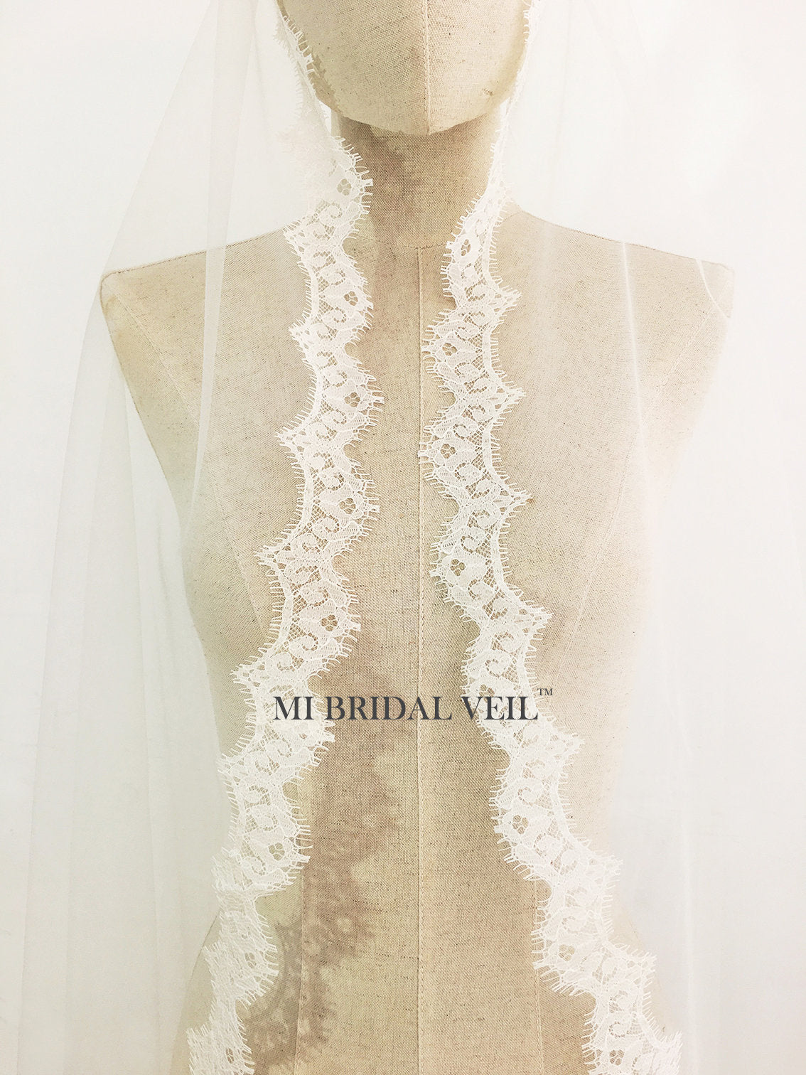 Cathedral Lace Wedding Veil with Blusher, Mantilla Lace Veil, Mi Bridal