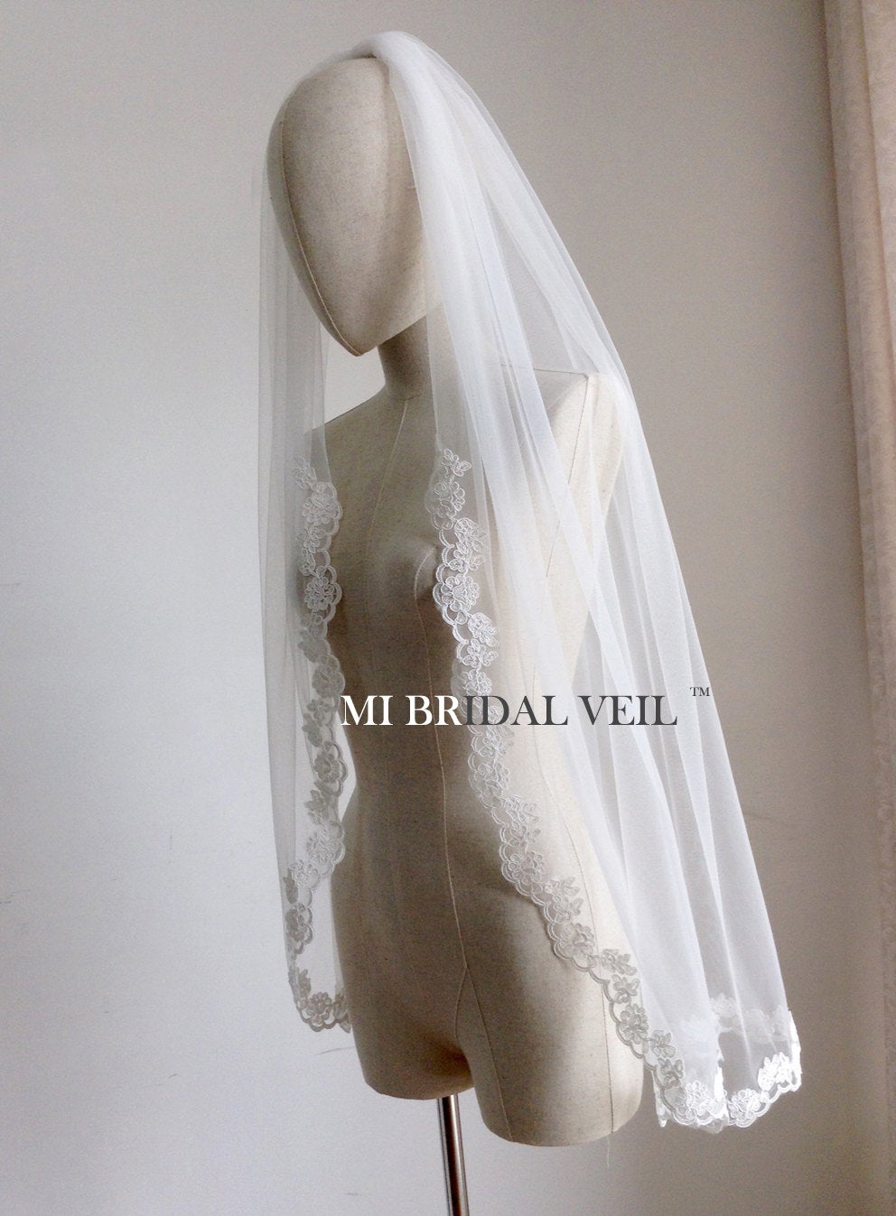 Lace Wedding Veil, Fingertip Single Tier Lace Bridal Veil, Rose Lace at Chest, Mi Bridal