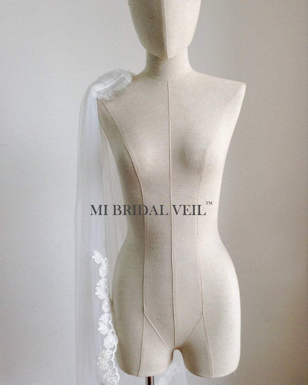 Lace Wedding Veil, Fingertip Single Tier Lace Bridal Veil, Rose Lace at Chest, Mi Bridal