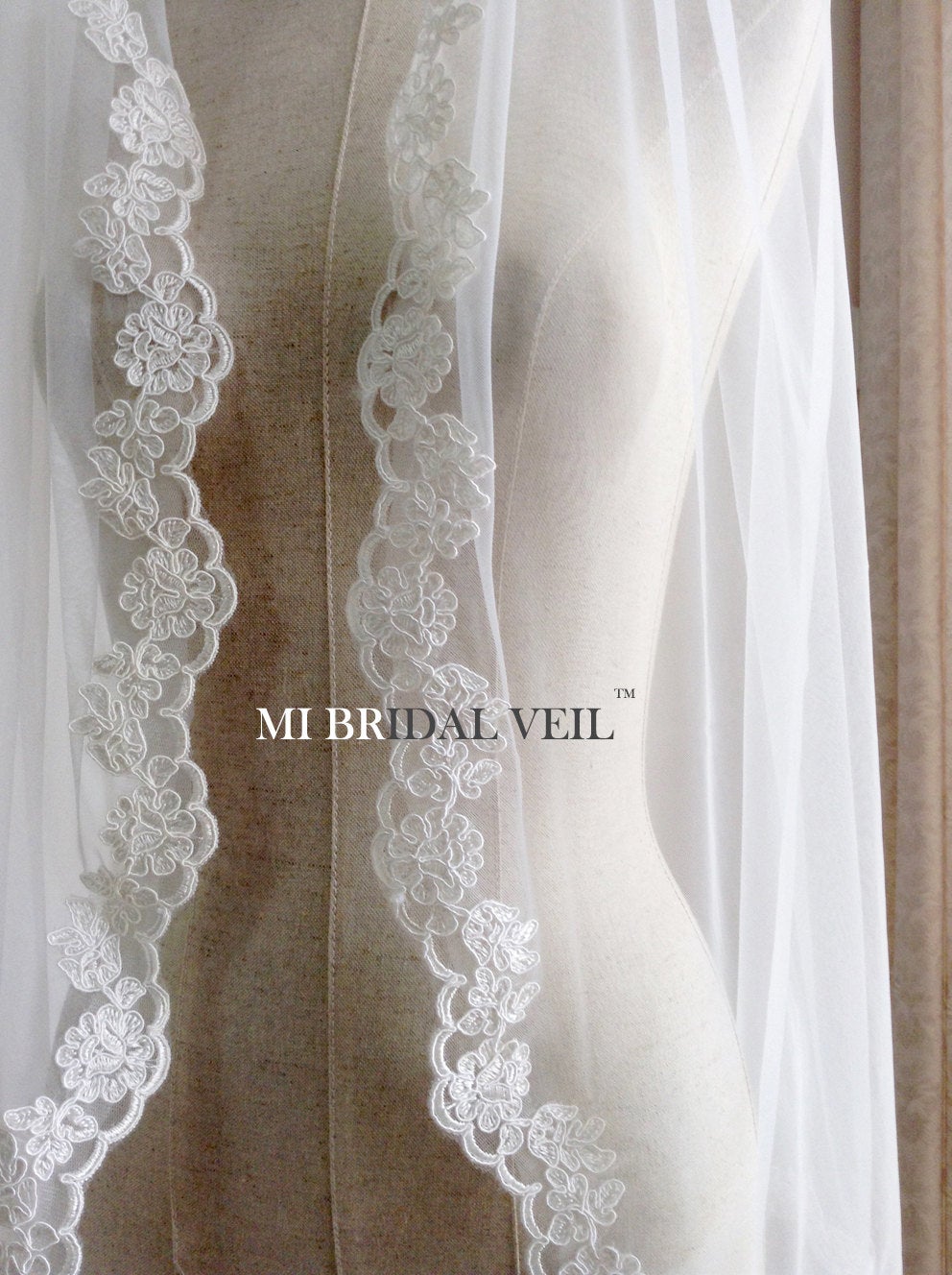 Lace Wedding Veil, Fingertip Single Tier Lace Bridal Veil, Rose Lace at Chest, Mi Bridal