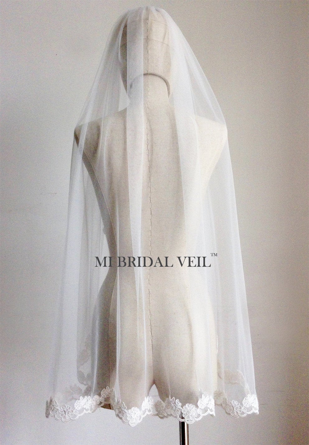 Lace Wedding Veil, Fingertip Single Tier Lace Bridal Veil, Rose Lace at Chest, Mi Bridal
