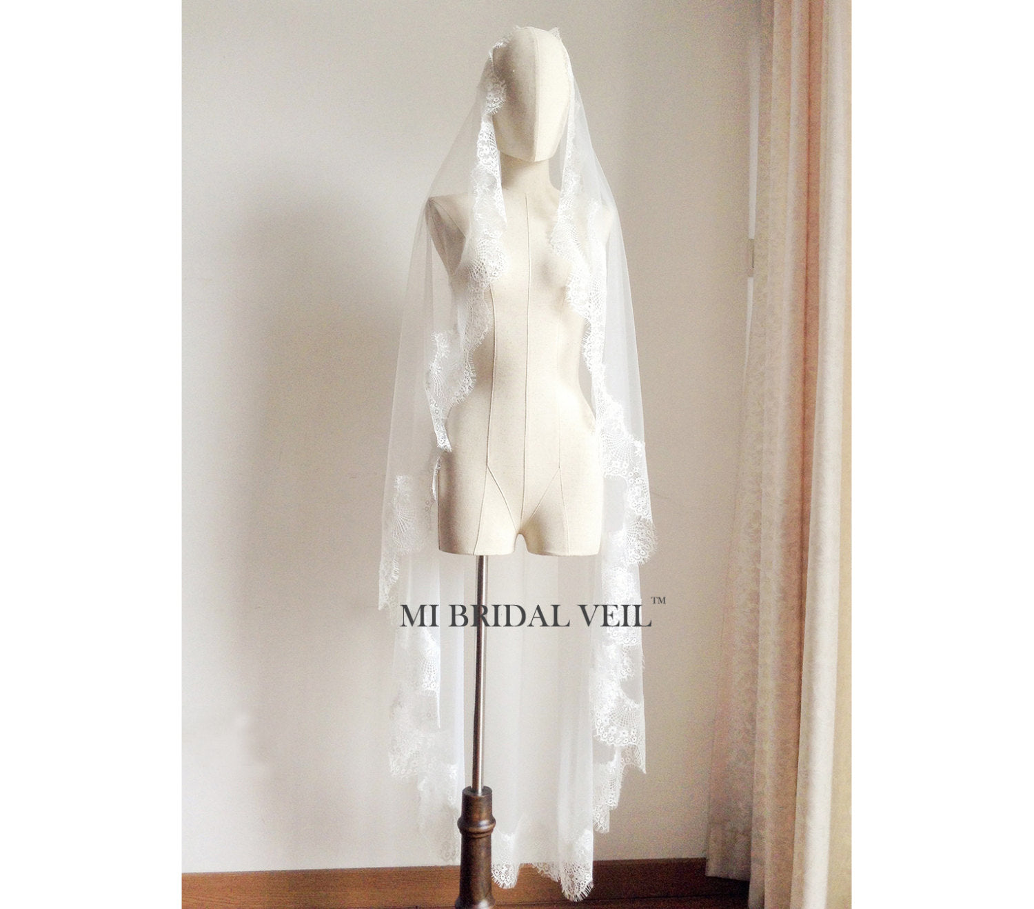 Mantilla Lace Wedding Veil,Eyelash Lace Bridal Veil w Blusher, Mi Bridal