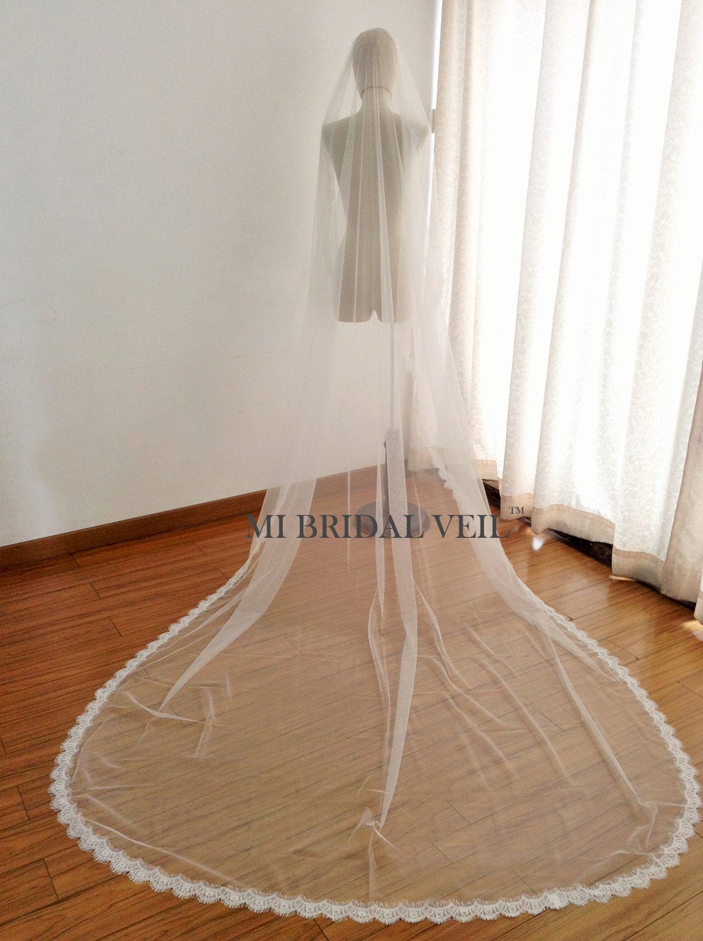 Cathedral Wedding Veil, Small Eyelash Chantilly Boho Lace Veil, Mi Bridal