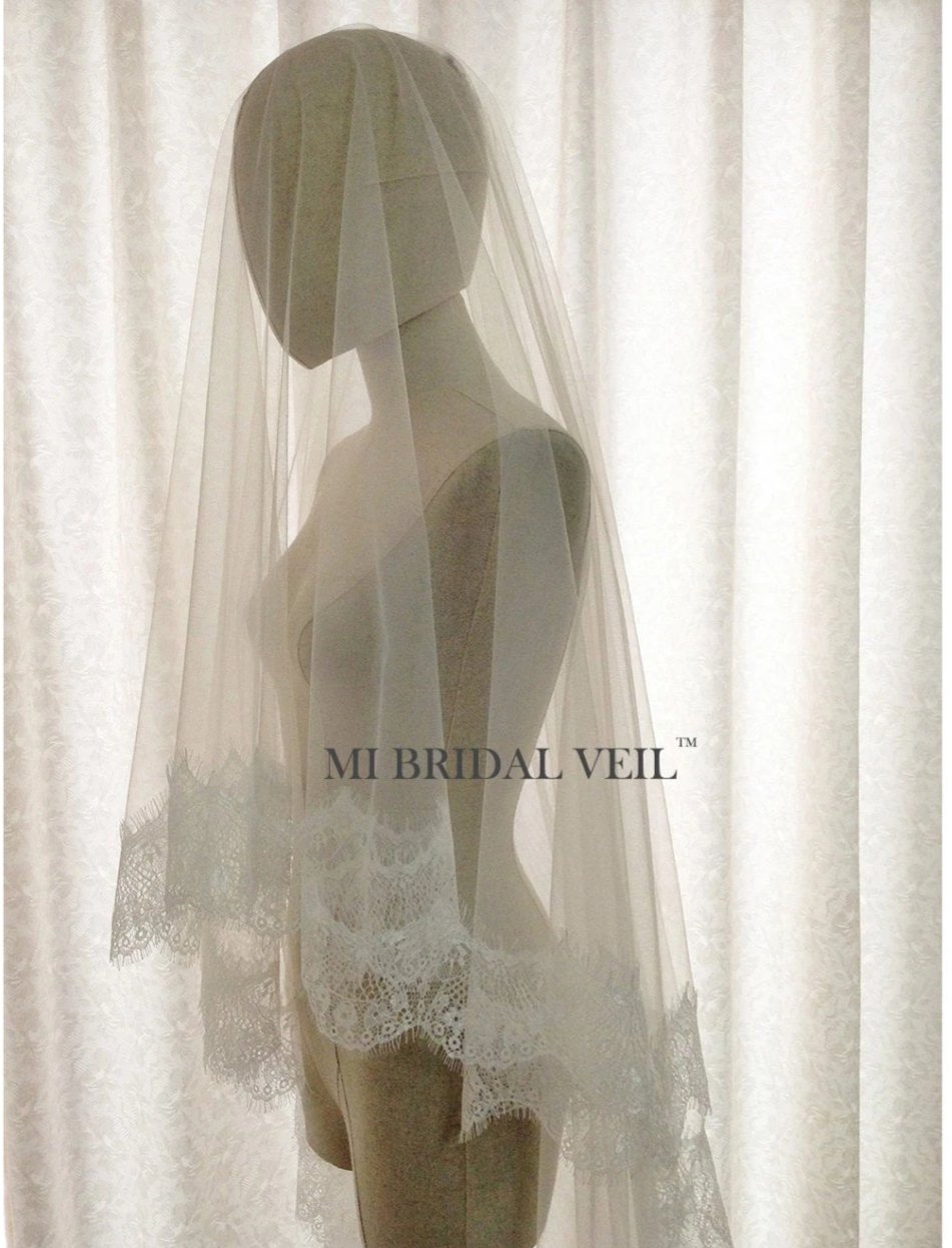 Cathedral Lace Wedding Veil, Eyelash Lace Veil with Blusher, Mi Bridal