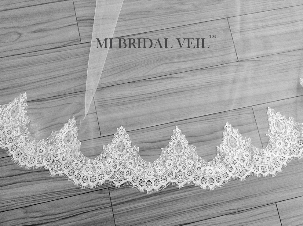 Cathedral Mantilla Lace Wedding Veil, Lace Veil with Blusher, Mi Bridal