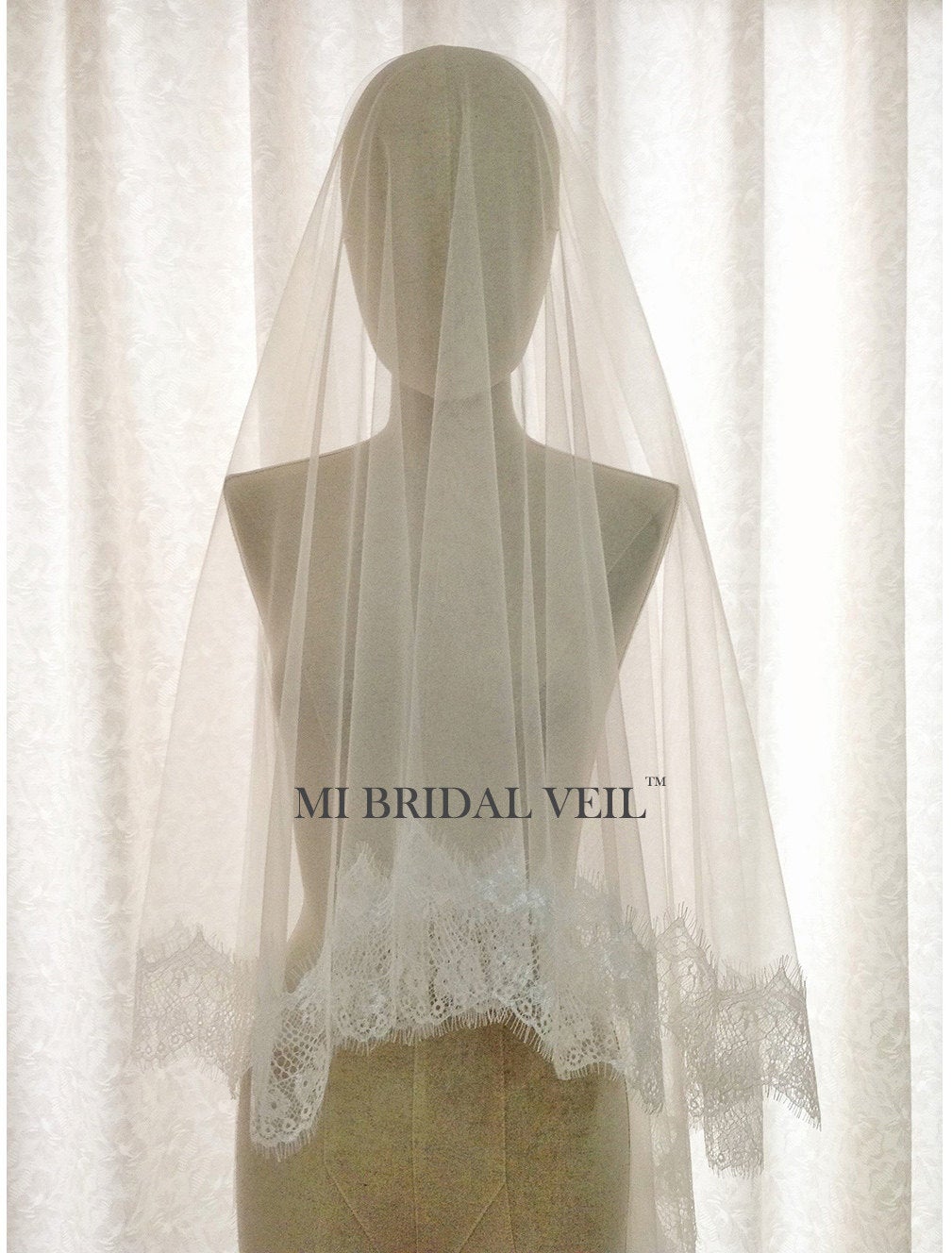 Cathedral Lace Wedding Veil, Eyelash Lace Veil with Blusher, Mi Bridal