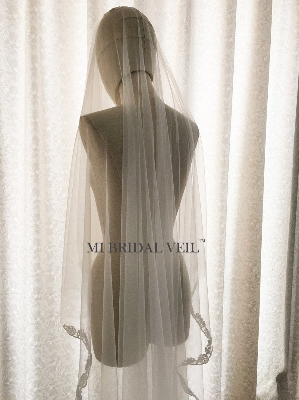 Cathedral Lace Veil Wedding w Blusher, Lace at Fingertip, Mi Bridal