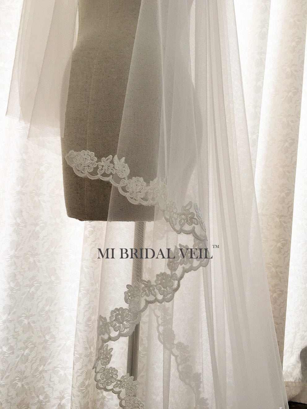 Cathedral Lace Veil Wedding w Blusher, Lace at Fingertip, Mi Bridal