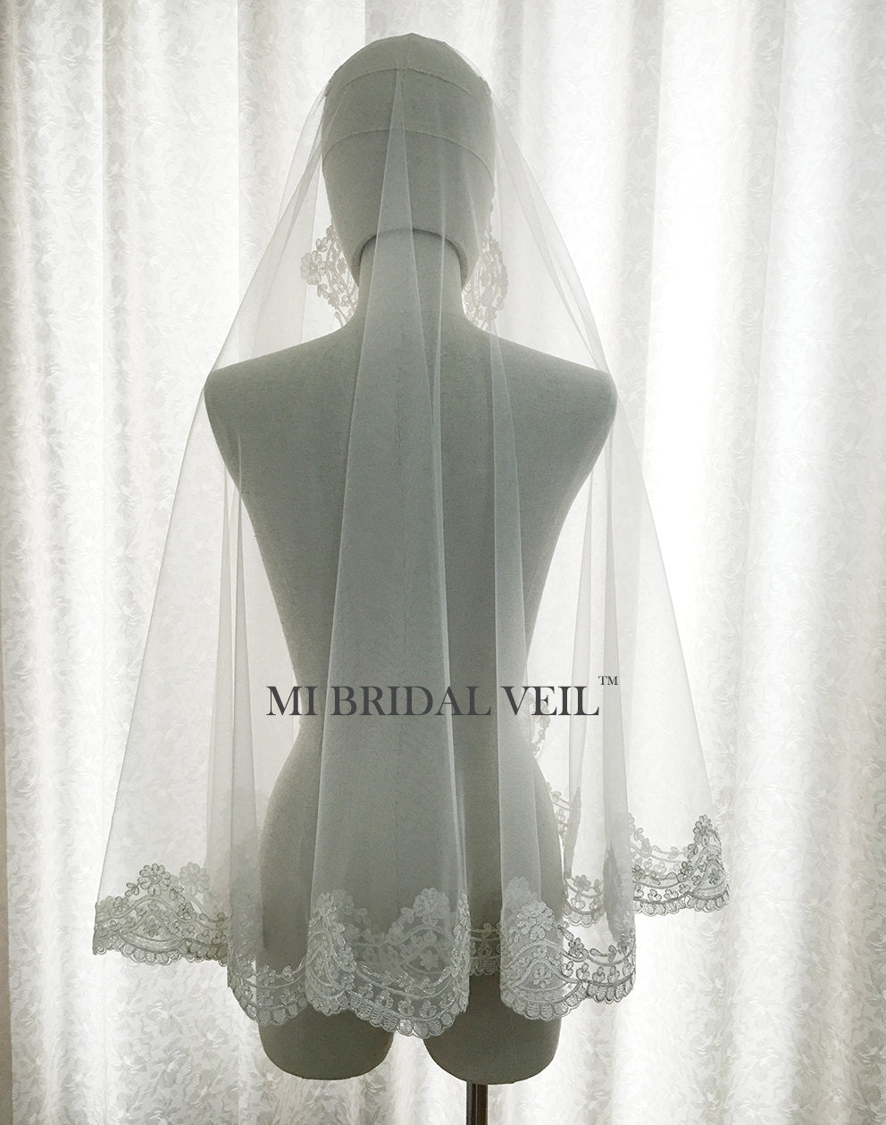 Mantilla Lace Veil, Vintage Inspired Lace Veil, Lace Wedding Veil Hip Length, Mi Bridal Veil, Hand Made