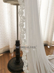 Polka Dotted Tulle Wedding Veil, Chapel Lace Bridal Veil, Lace at Elbow, Mi Bridal