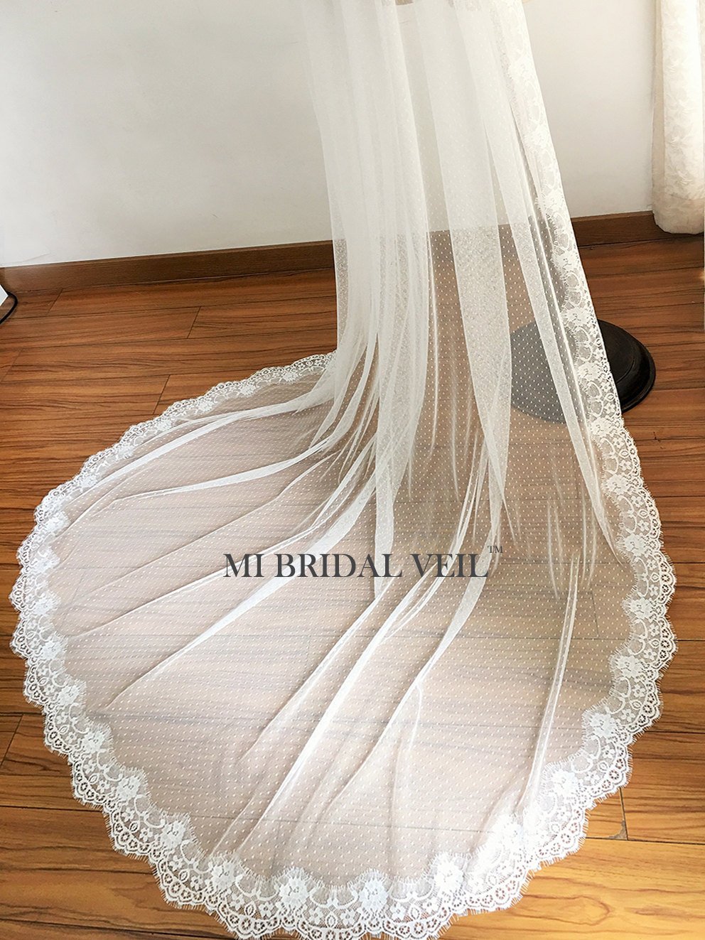 Polka Dotted Tulle Veil, Chapel Lace Wedding Veil, Mi Bridal Veil