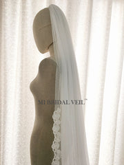 Polka Dotted Tulle Wedding Veil, Chapel Lace Bridal Veil, Lace at Elbow, Mi Bridal