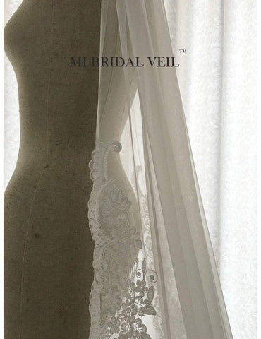 Cathedral Lace Wedding Veil, Vintage Inspired Rose Lace at Hip, Mi Bridal