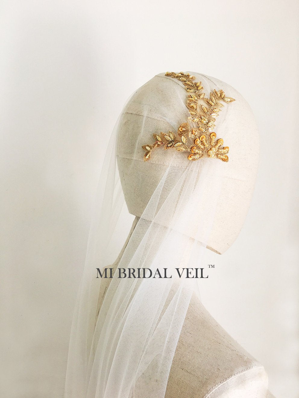Long Vintage Juliet Cap Wedding Bridal Veils Cathedral Champagne Applique  Beaded