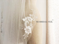 Lace Wedding Veil, Silver Lace Applique Fingertip Bridal Veil, Lace Mi Bridal