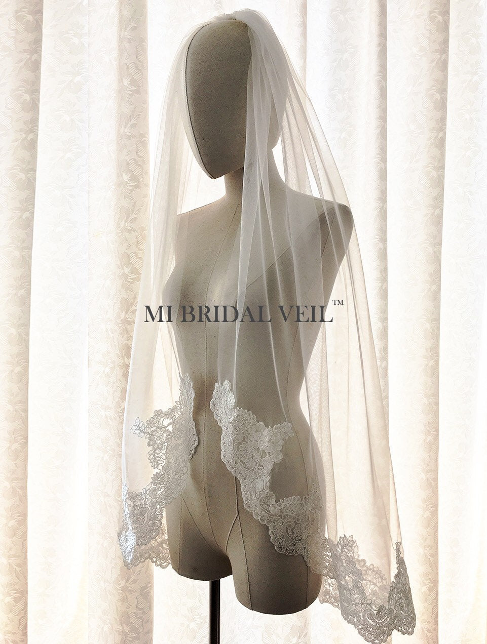 Lace Wedding Veil, Partial Lace at Chest, Rose Lace Veil Fingertip, Mi Bridal