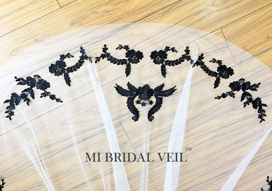 Black Embroidere Lace Chapel Wedding Veil, Vintage Inspired Lace Veil, Mi Bridal
