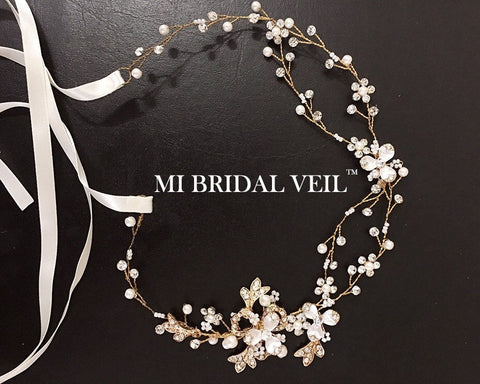 Gold Flower w Leaf Hair Vine, Bridal Headpieces Mi Bridal