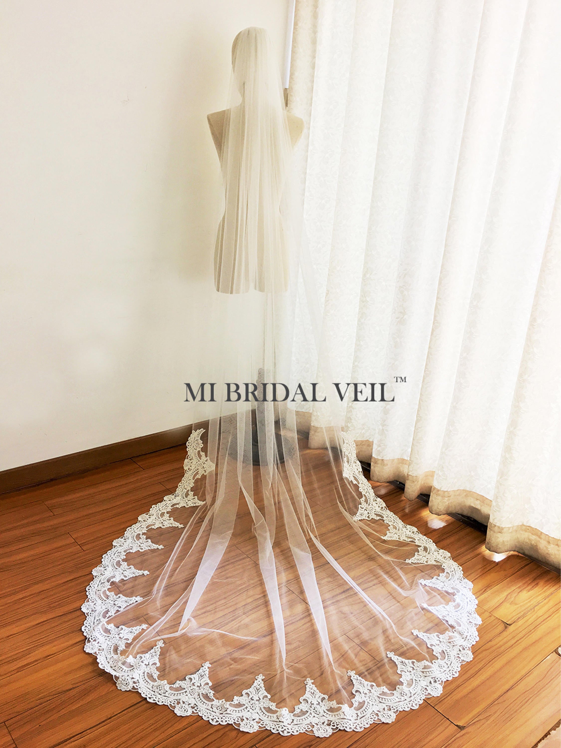 Cathedral Wedding Veil, Single Tier Veil Lace on Bottom, Mi Bridal