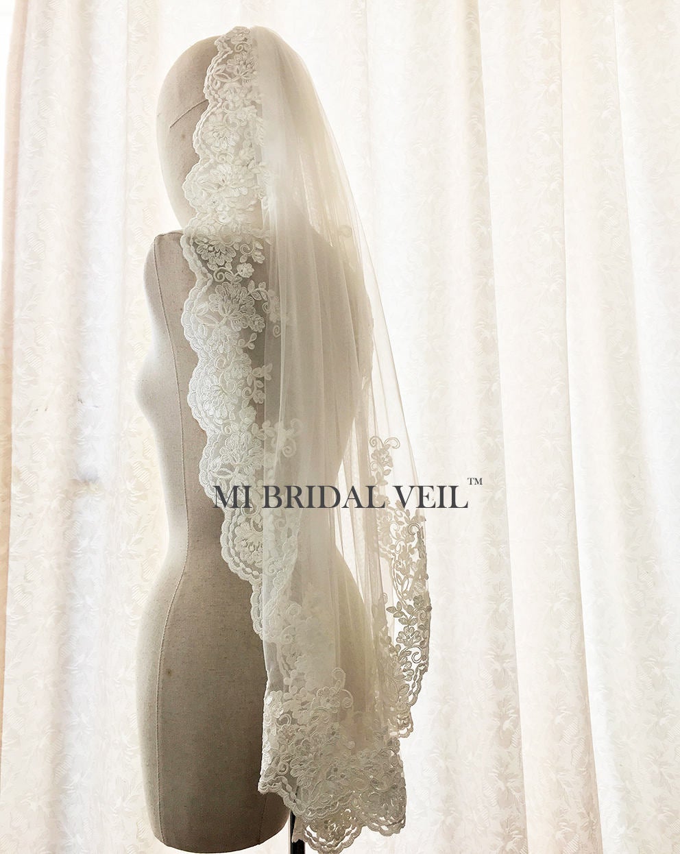 Lace Wedding Veil, Vintage Inspired Rose Lace Single Tier Bridal Veil, Mi Bridal