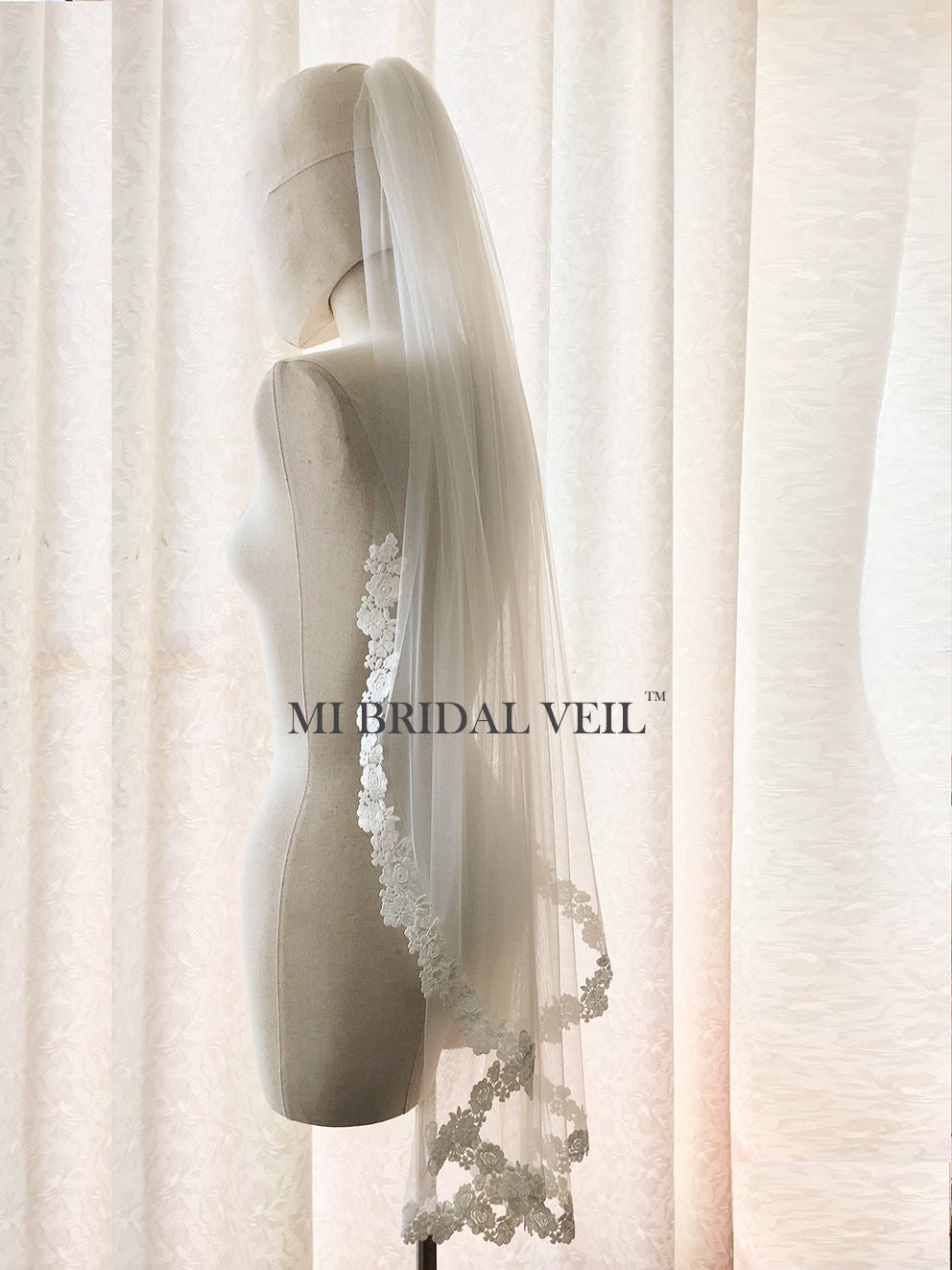 Lace Wedding Veil, Venice Rose Bridal Veil Lace at Chest Fingertip Mi Bridal