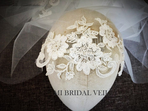 Mantilla Veil, Vintage Inspired Lace Appliqués Cap Veil, Mi Bridal