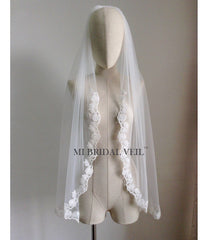 Lace Wedding Veil, Fingertip Single Tier Lace Bridal Veil, Rose Lace at Chest, Mi Bridal