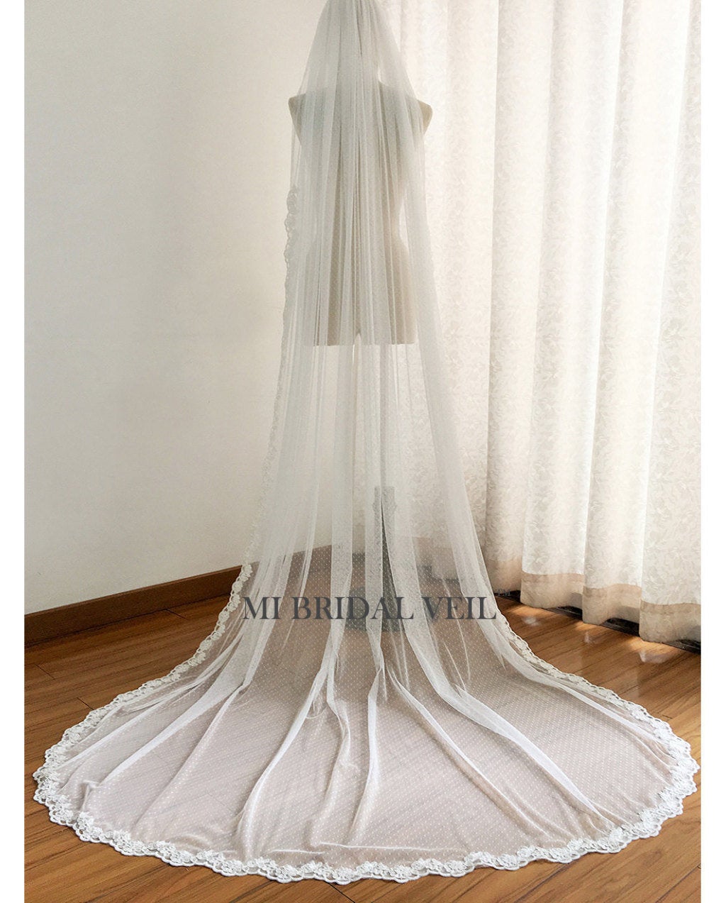 Polka Dotted Tulle Wedding Veil, Chapel Lace Bridal Veil, Lace at Elbow, Mi Bridal