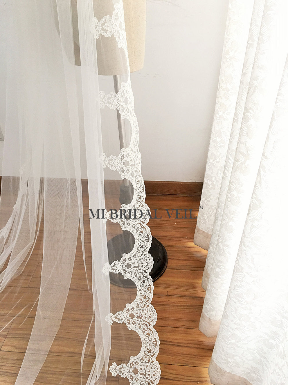 Cathedral Wedding Veil, Edwardian Inspired Lace at Hip, Mi Bridal