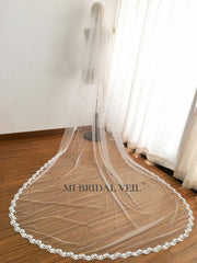 Cathedral Lace Veil Wedding w Blusher, Lace at Fingertip, Mi Bridal