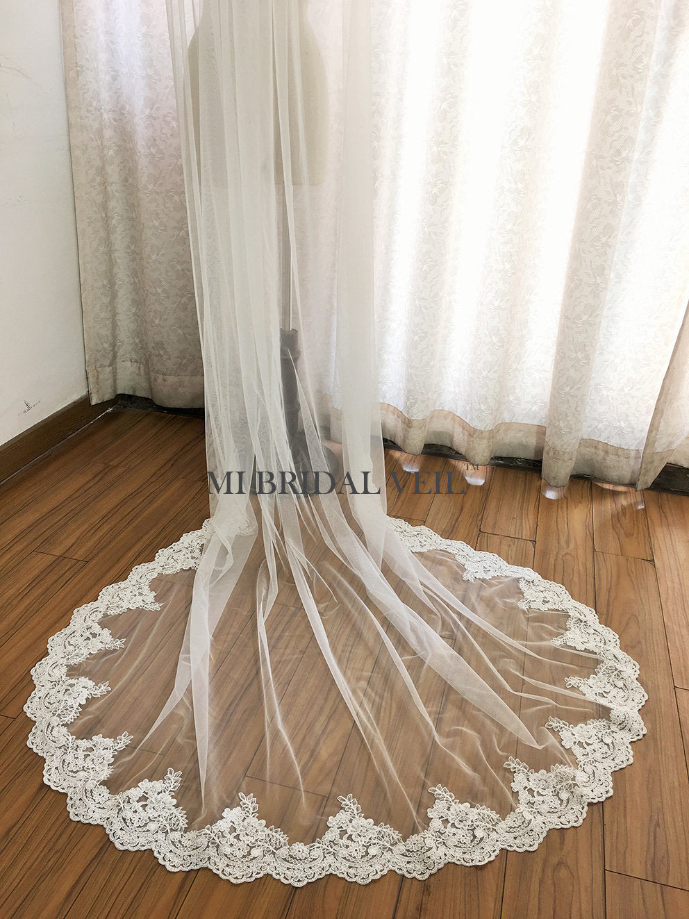 Cathedral Rose Lace Wedding Veil Partial Lace on Bottom, Mi Bridal