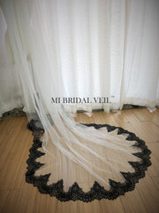Black Lace Wedding Veil Cathedral, Lace on Bottom, Mi Bridal