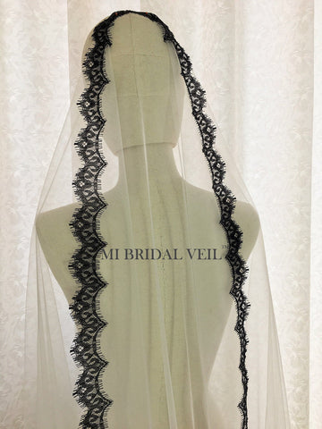 Black Chantilly Lace Mantilla Wedding Veil, Cathedral Bridal Veil, Mi Bridal