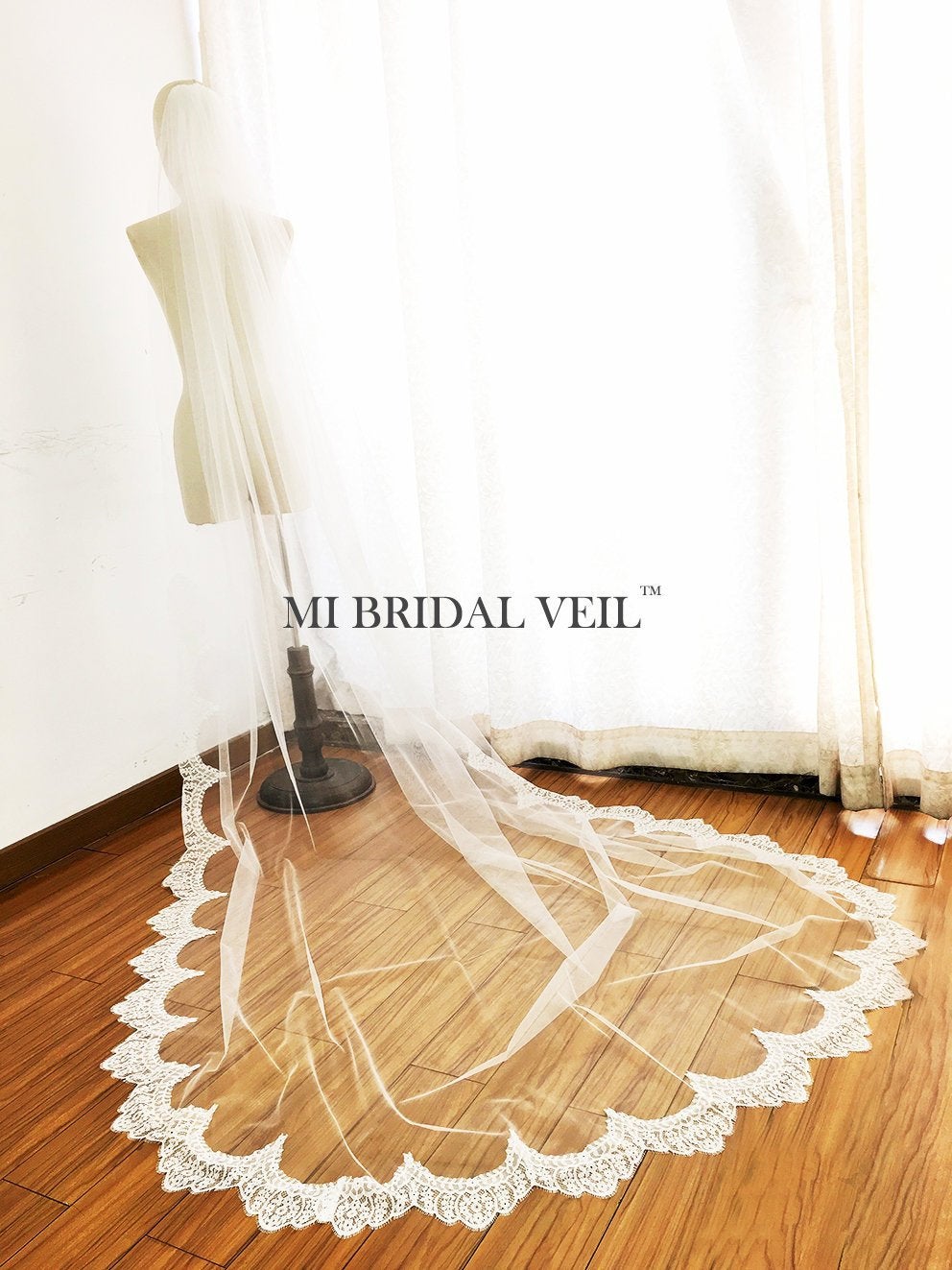 Boho Chapel Wedding Veil, Eyelash Chantilly Lace from Midway, Mi Bridal