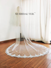 Cathedral Wedding Veil with Blusher, Venice Lace on Veil Bottom, Mi Bridal