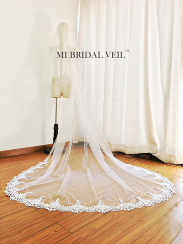 Cathedral Wedding Veil with Blusher, Venice Lace on Veil Bottom, Mi Bridal