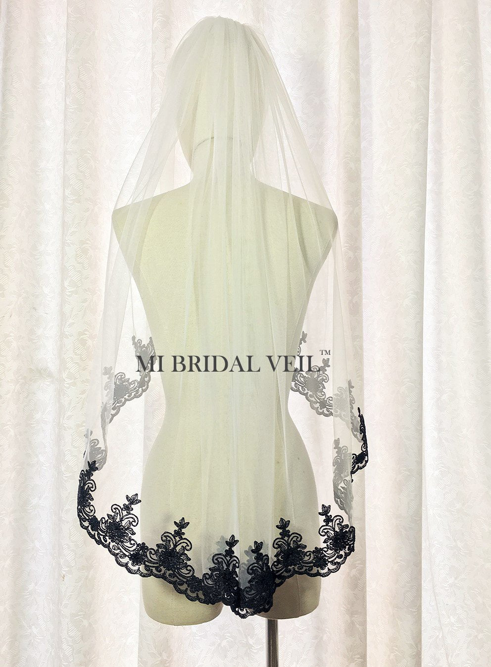 Black Lace Wedding Veil, Lace at Chest, Mi Bridal