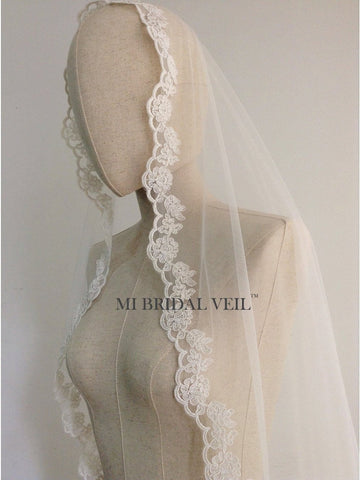 Lace Wedding Veil, Mantilla Rose Lace Veil, Bridal Veil w Blusher Fingertip, Mi Bridal