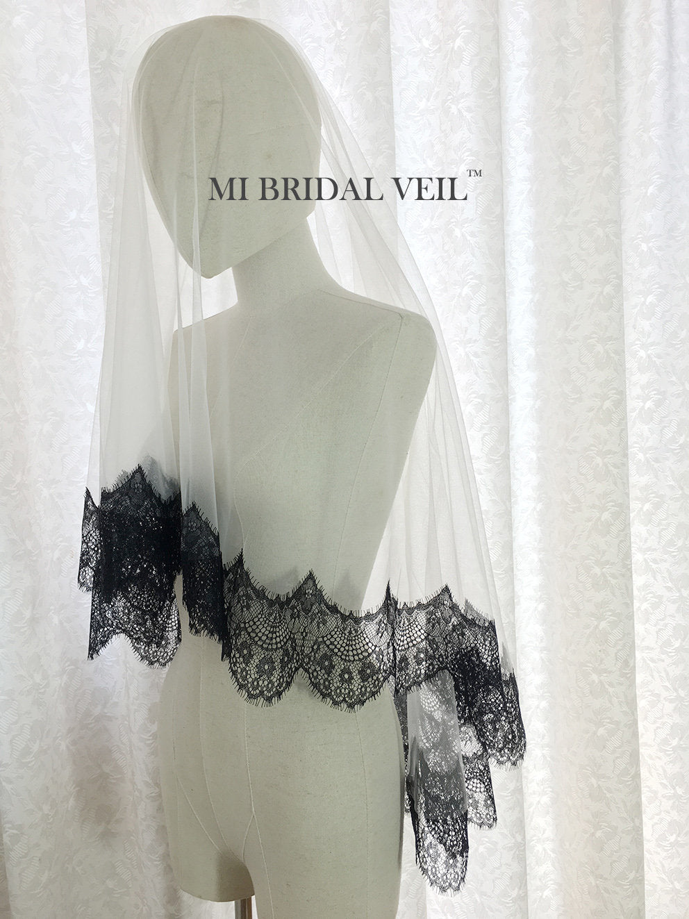Black Mantilla Lace Wedding Veil, Bridal Veil with Blusher, Mi Bridal
