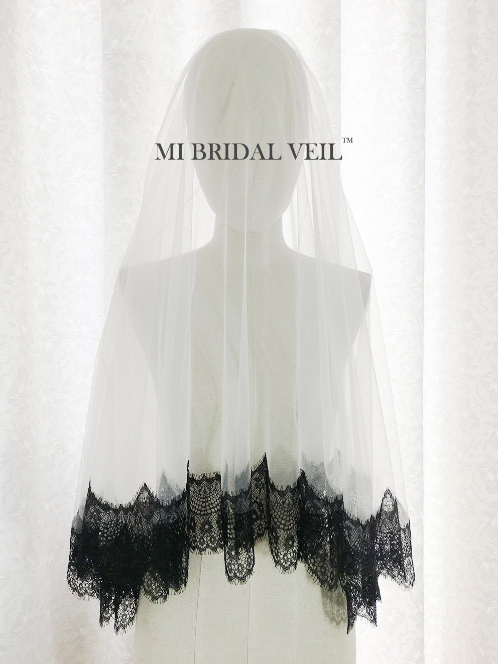 Black Mantilla Lace Wedding Veil, Bridal Veil with Blusher, Mi Bridal