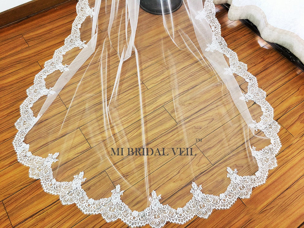 Cathedral Lace Wedding Veil, Eyelash Chantilly Lace at Fingertip, Mi Bridal